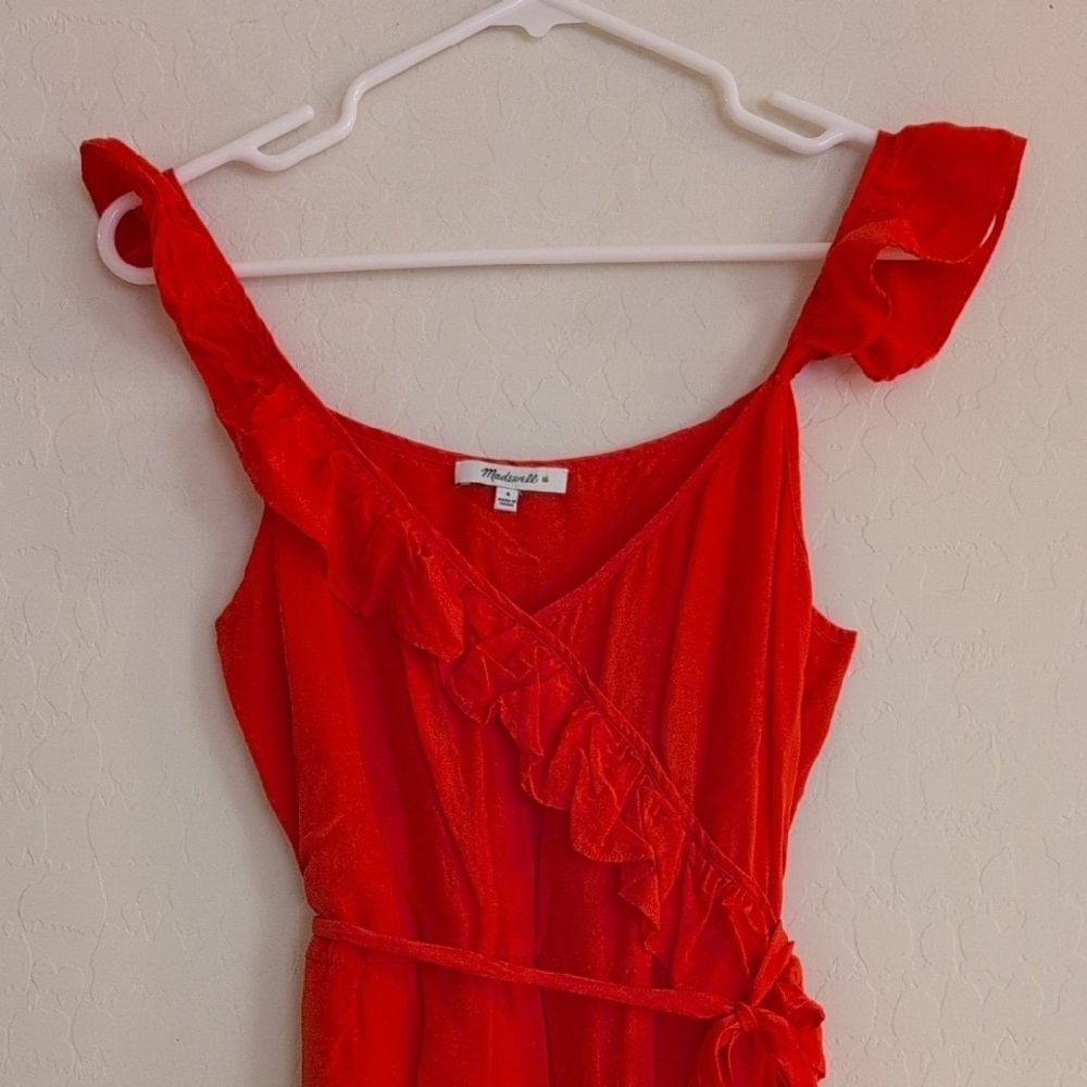 Madewell Ruffle Maxi Faux Wrap Coral Red Pink Orange Asymmetrical Dress - Size 4 - Picture 3 of 13